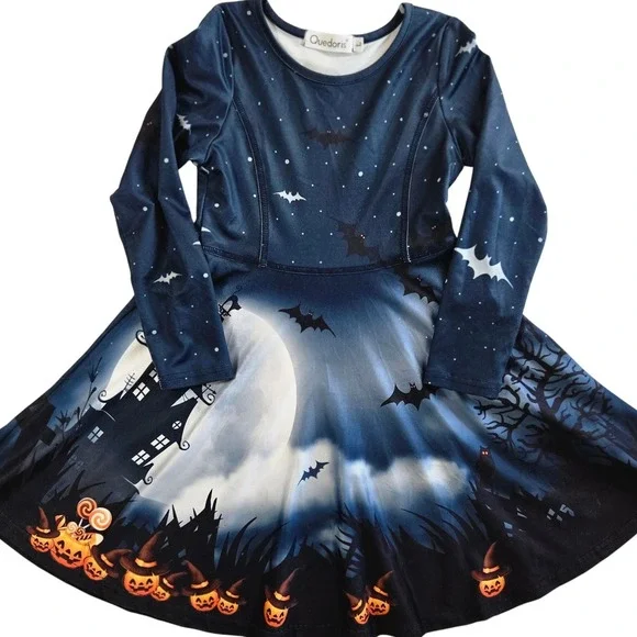Halloween Dress Girls Size L 5-6 Bats Moon Spooky Kids Costume Holiday Party - Picture 10 of 10